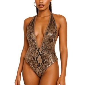 Fashion Nova Snakeskin Halter One-Piece Swimsuit Taupe